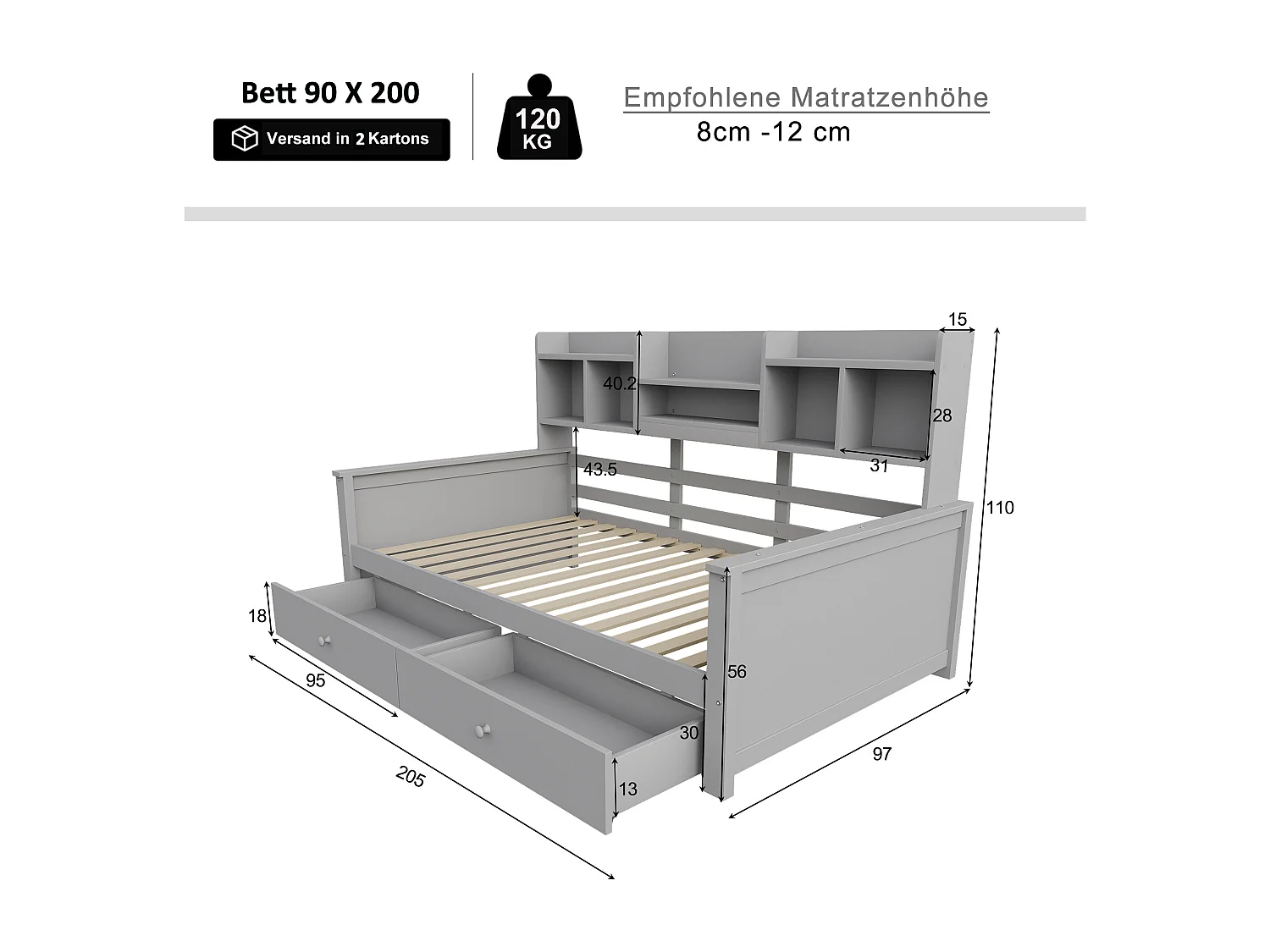 Canapé-lit 90x200 - avec 2 tiroirs - avec étagères - avec sommier à lattes - gris (matelas non inclus)