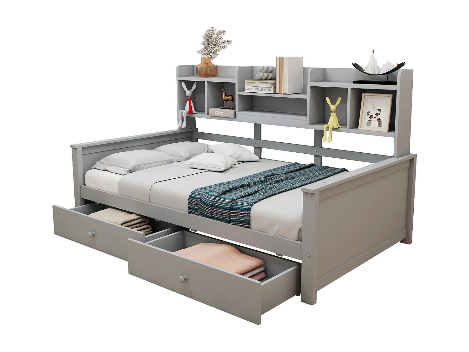 Canapé-lit 90x200 - avec 2 tiroirs - avec étagères - avec sommier à lattes - gris (matelas non inclus)