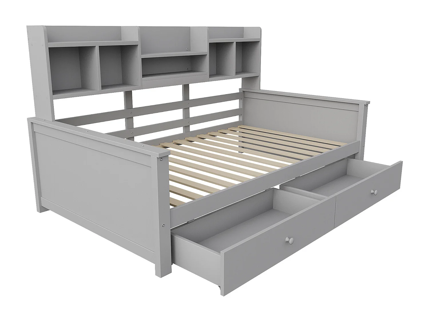 Canapé-lit 90x200 - avec 2 tiroirs - avec étagères - avec sommier à lattes - gris (matelas non inclus)