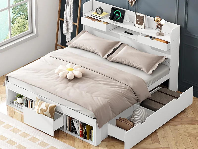 Cama adulto 135x190 cm - con puerto de carga y almacenamientos multifuncionales - Blanco​ (colchón no incluido)