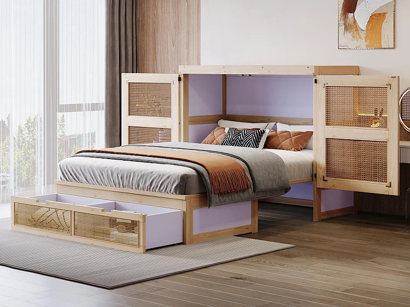 Letto a scomparsa 140 x 200 cm - con 2 cassetti - con rete a doghe - naturale​ (materasso non incluso)