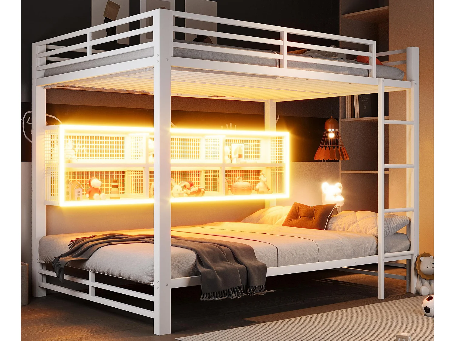 Łóżko piętrowe 140x200 cm - z oświetleniem LED - 6 przegródek do przechowywania - z barierkami bezpieczeństwa - Biały​ (materac nie jest wliczony w cenę)