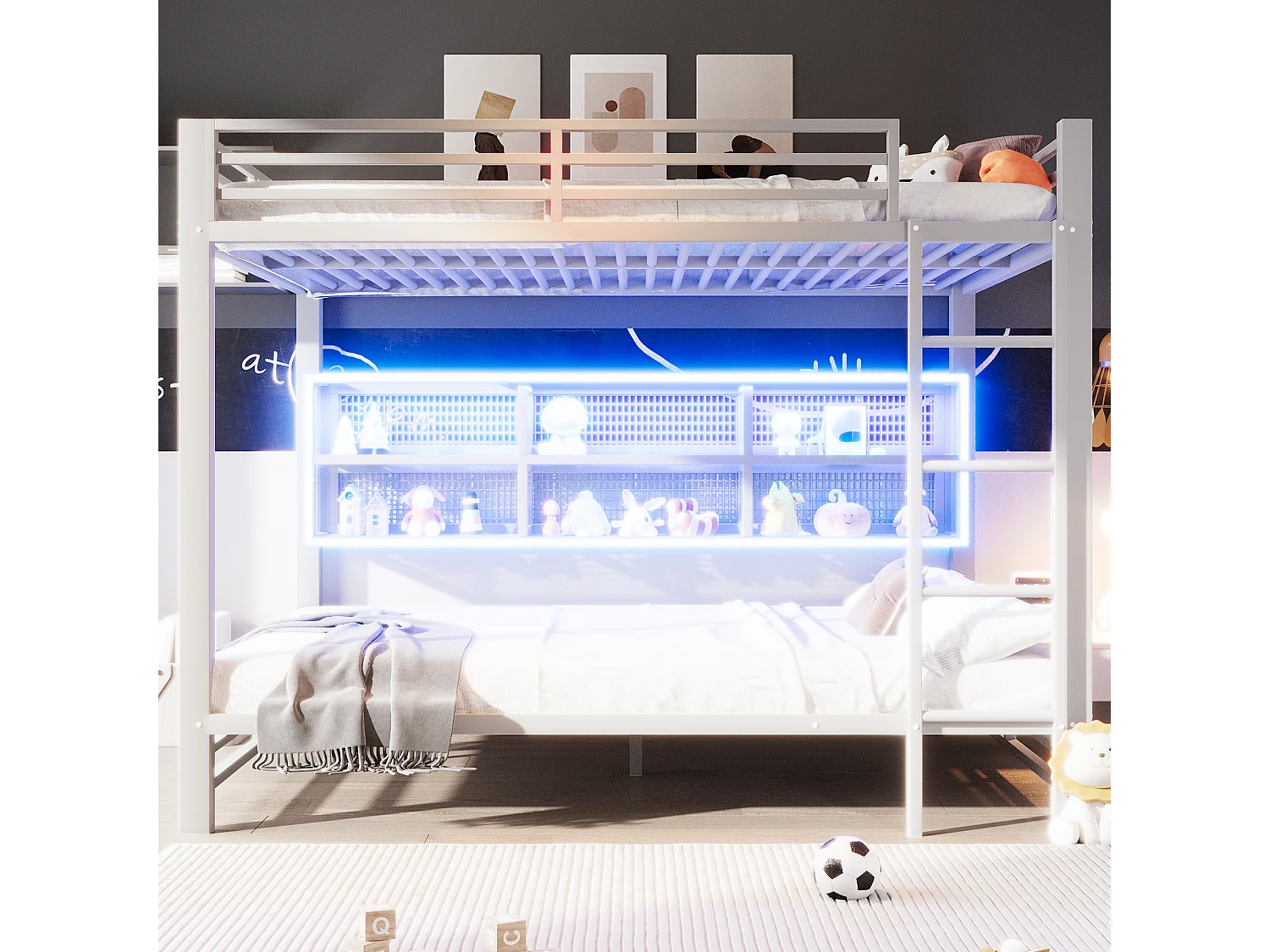 Łóżko piętrowe 140x200 cm - z oświetleniem LED - 6 przegródek do przechowywania - z barierkami bezpieczeństwa - Biały​ (materac nie jest wliczony w cenę)