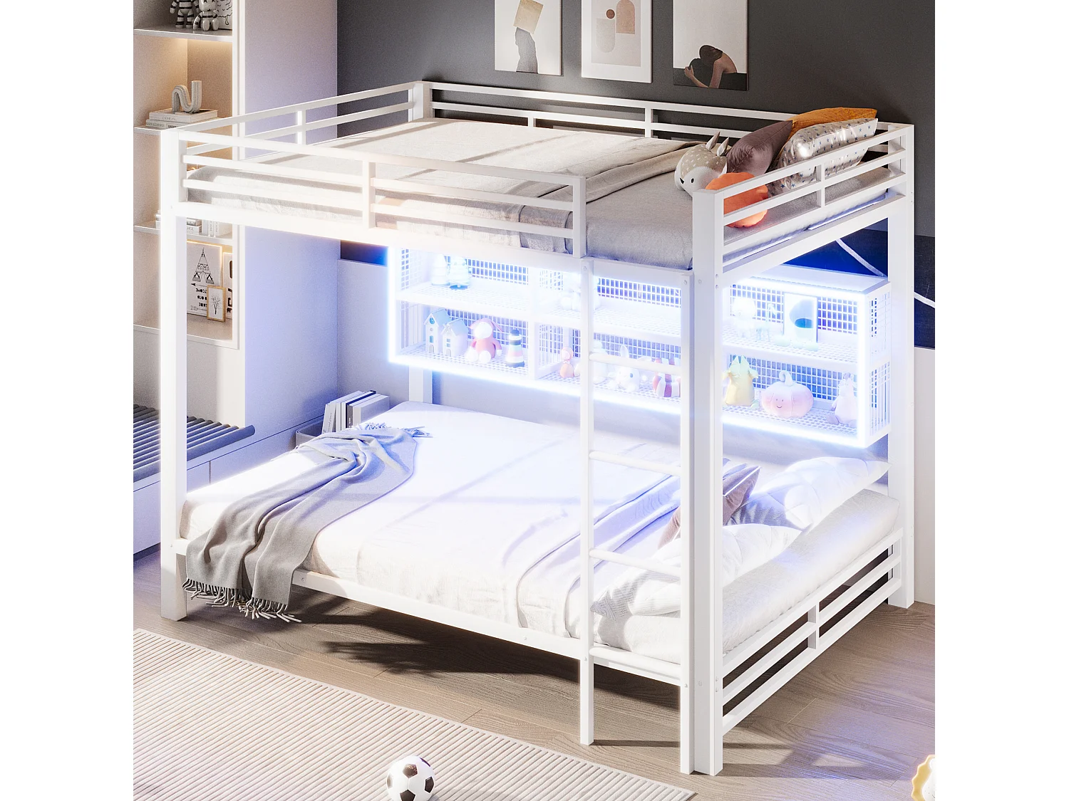 Łóżko piętrowe 140x200 cm - z oświetleniem LED - 6 przegródek do przechowywania - z barierkami bezpieczeństwa - Biały​ (materac nie jest wliczony w cenę)