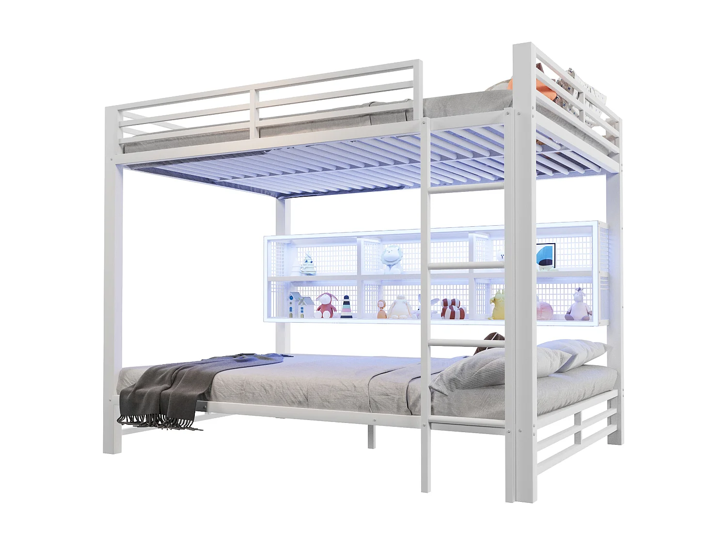 Łóżko piętrowe 140x200 cm - z oświetleniem LED - 6 przegródek do przechowywania - z barierkami bezpieczeństwa - Biały​ (materac nie jest wliczony w cenę)