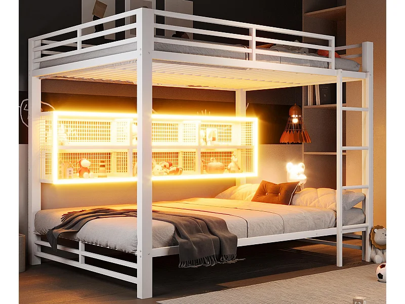 Etagenbett 140x200 cm - mit LED - 6 Staufächern - mit Sicherheitsgittern - Weiß​ (Matratze nicht inbegriffen)