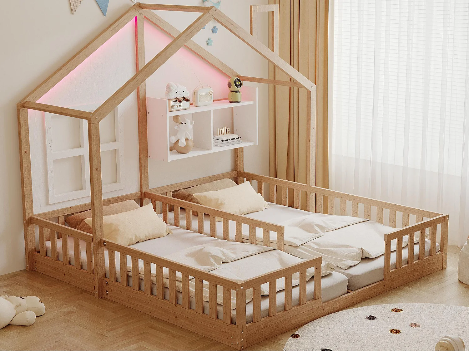 Kinderhuisbed 90 x 200 cm - met LED-verlichting - met veiligheidshekken - met opbergplanken - natuur​ (matras niet inbegrepen)