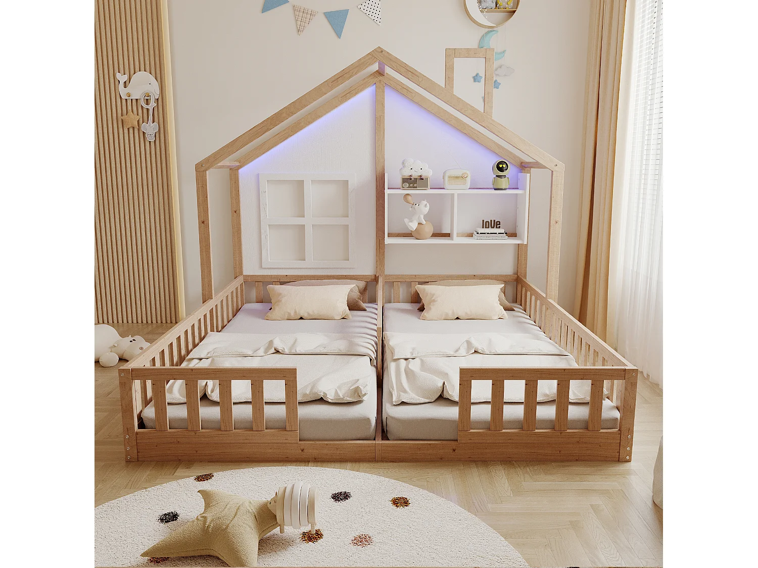 Kinderhuisbed 90 x 200 cm - met LED-verlichting - met veiligheidshekken - met opbergplanken - natuur​ (matras niet inbegrepen)