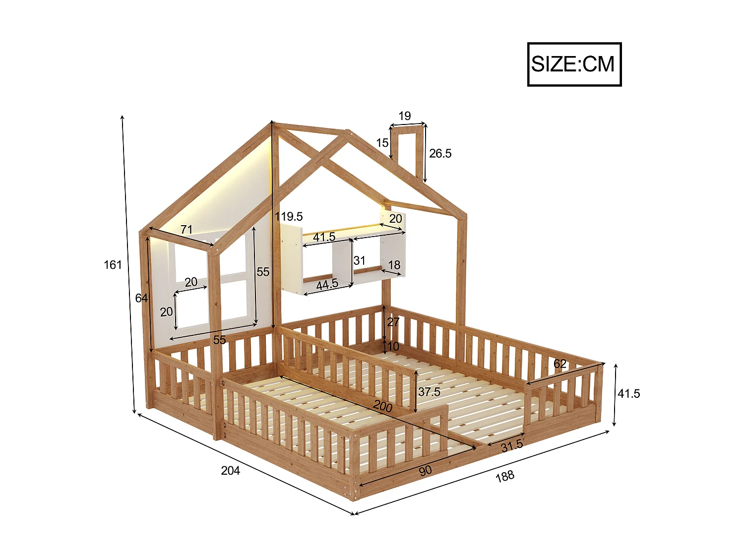 Kinderhuisbed 90 x 200 cm - met LED-verlichting - met veiligheidshekken - met opbergplanken - natuur​ (matras niet inbegrepen)