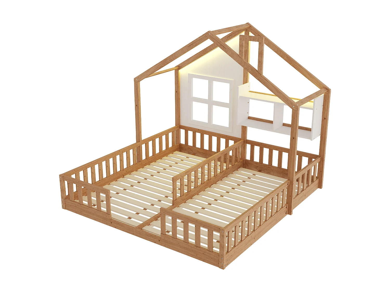 Kinderhuisbed 90 x 200 cm - met LED-verlichting - met veiligheidshekken - met opbergplanken - natuur​ (matras niet inbegrepen)