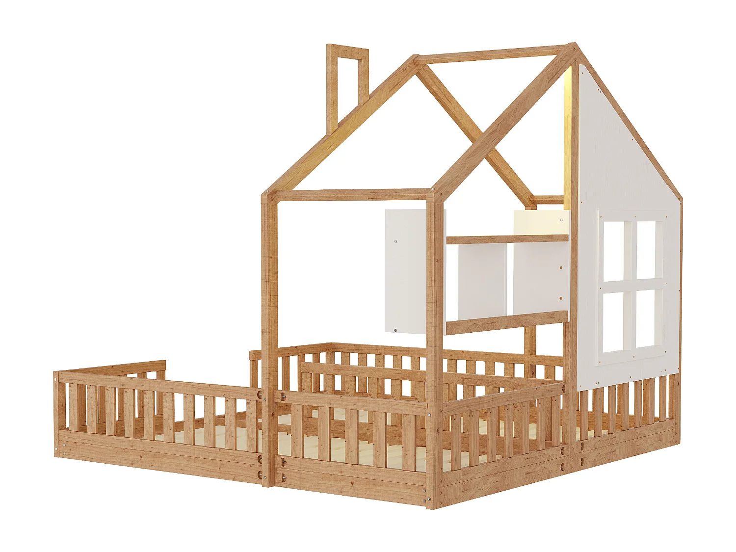 Kinderhuisbed 90 x 200 cm - met LED-verlichting - met veiligheidshekken - met opbergplanken - natuur​ (matras niet inbegrepen)