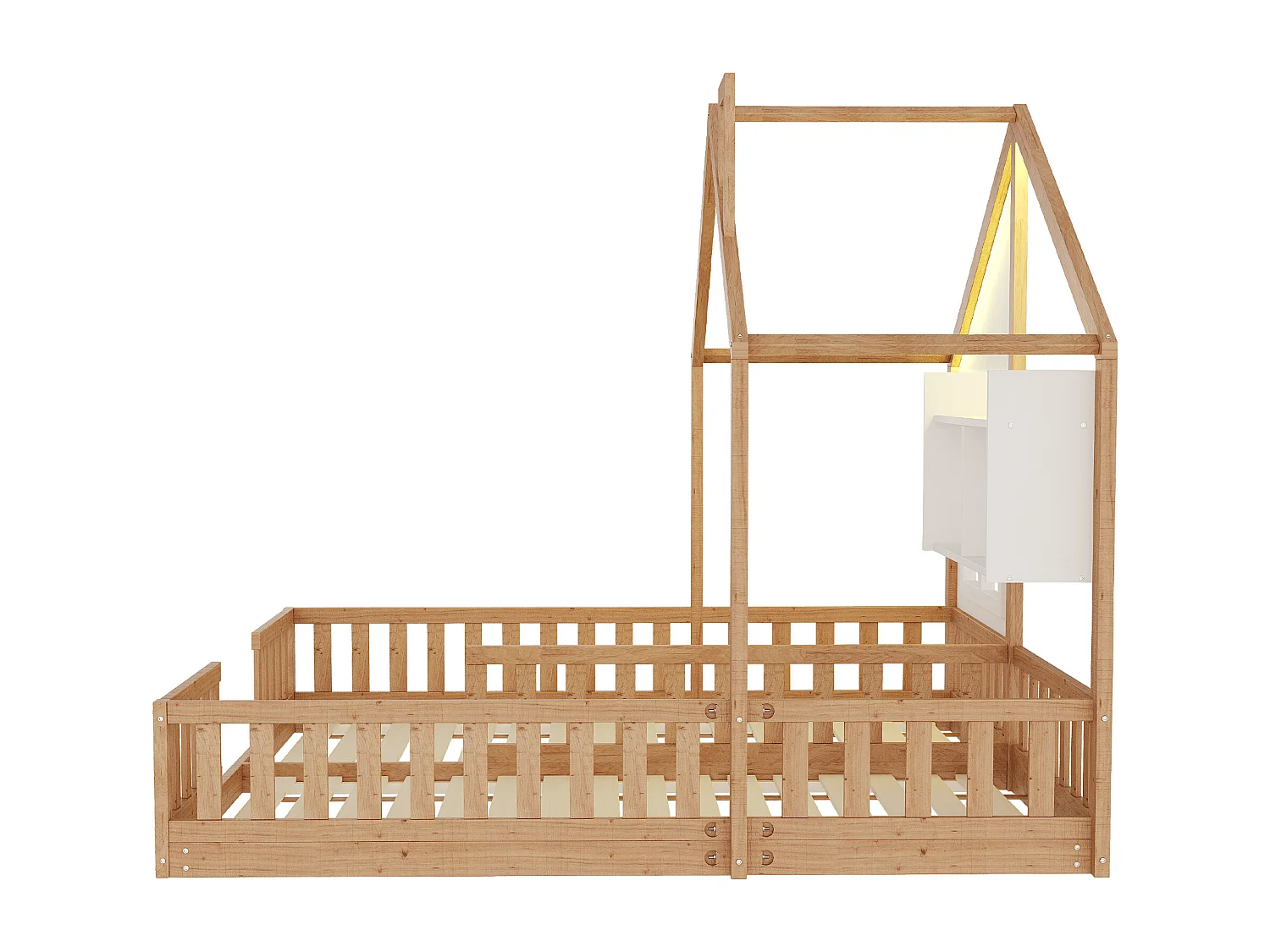 Kinderhuisbed 90 x 200 cm - met LED-verlichting - met veiligheidshekken - met opbergplanken - natuur​ (matras niet inbegrepen)