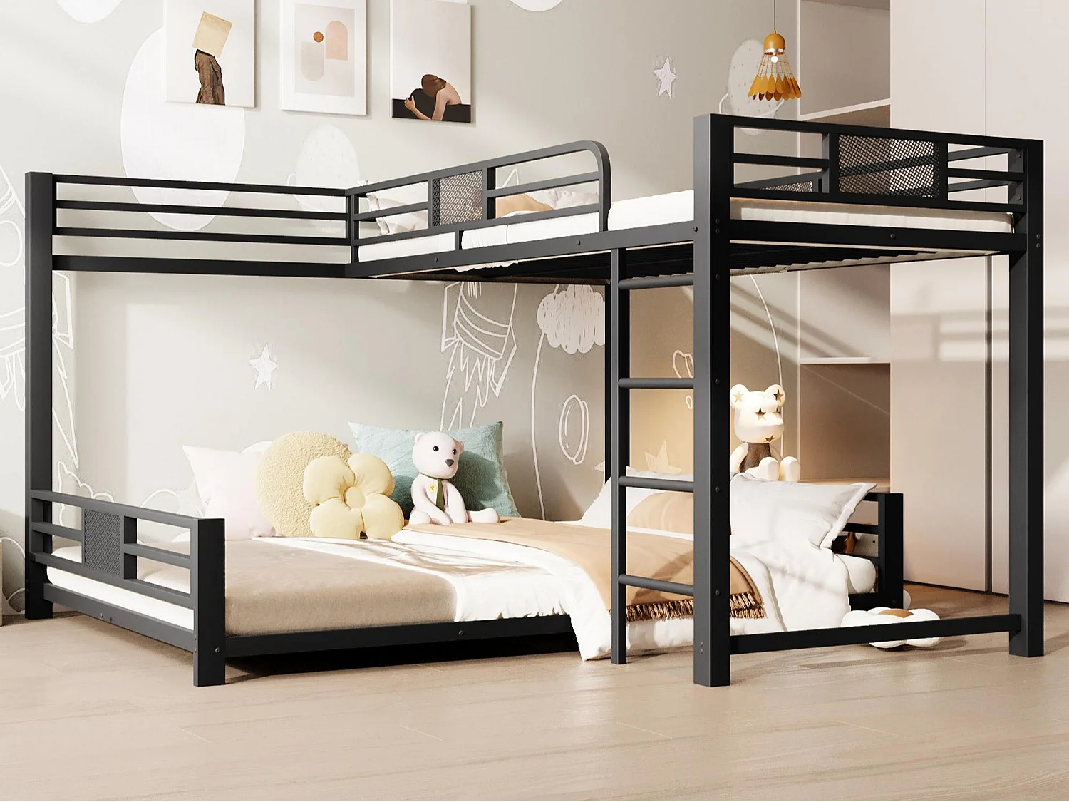 Lit superposé en métal en forme de L - 90x200 cm + 140x200 cm - avec barrières de sécurité et échelle - Métal - Noir (Matelas non inclus)