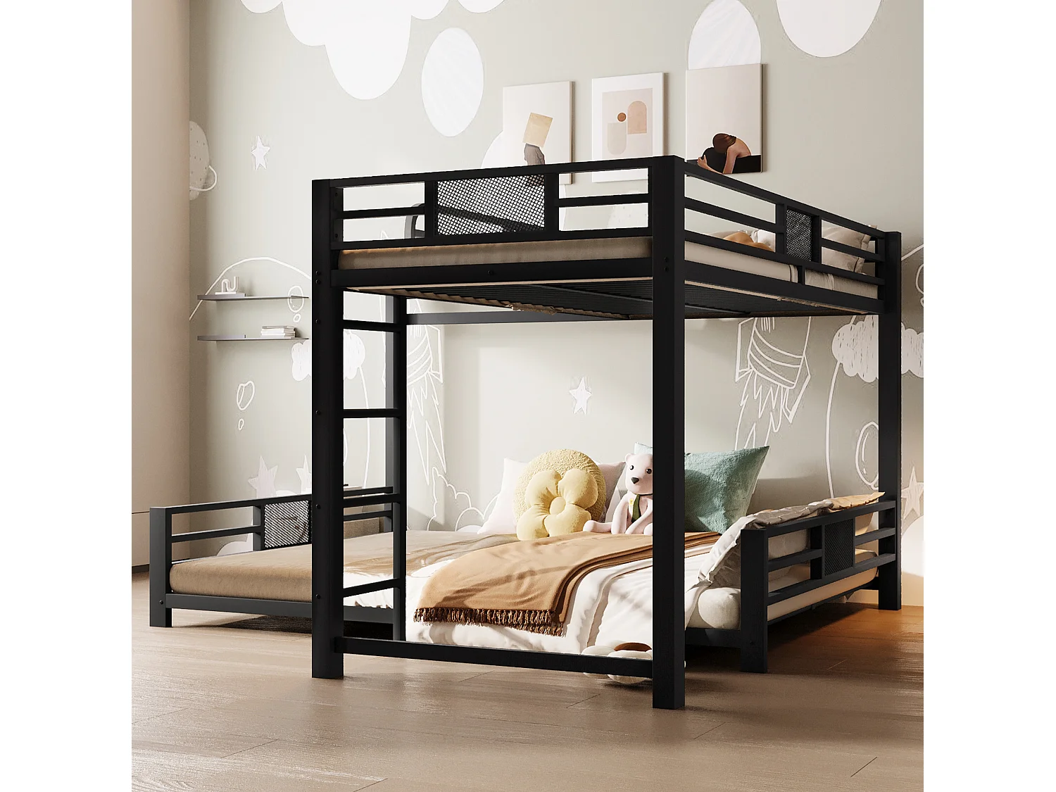 Lit superposé en métal en forme de L - 90x200 cm + 140x200 cm - avec barrières de sécurité et échelle - Métal - Noir (Matelas non inclus)