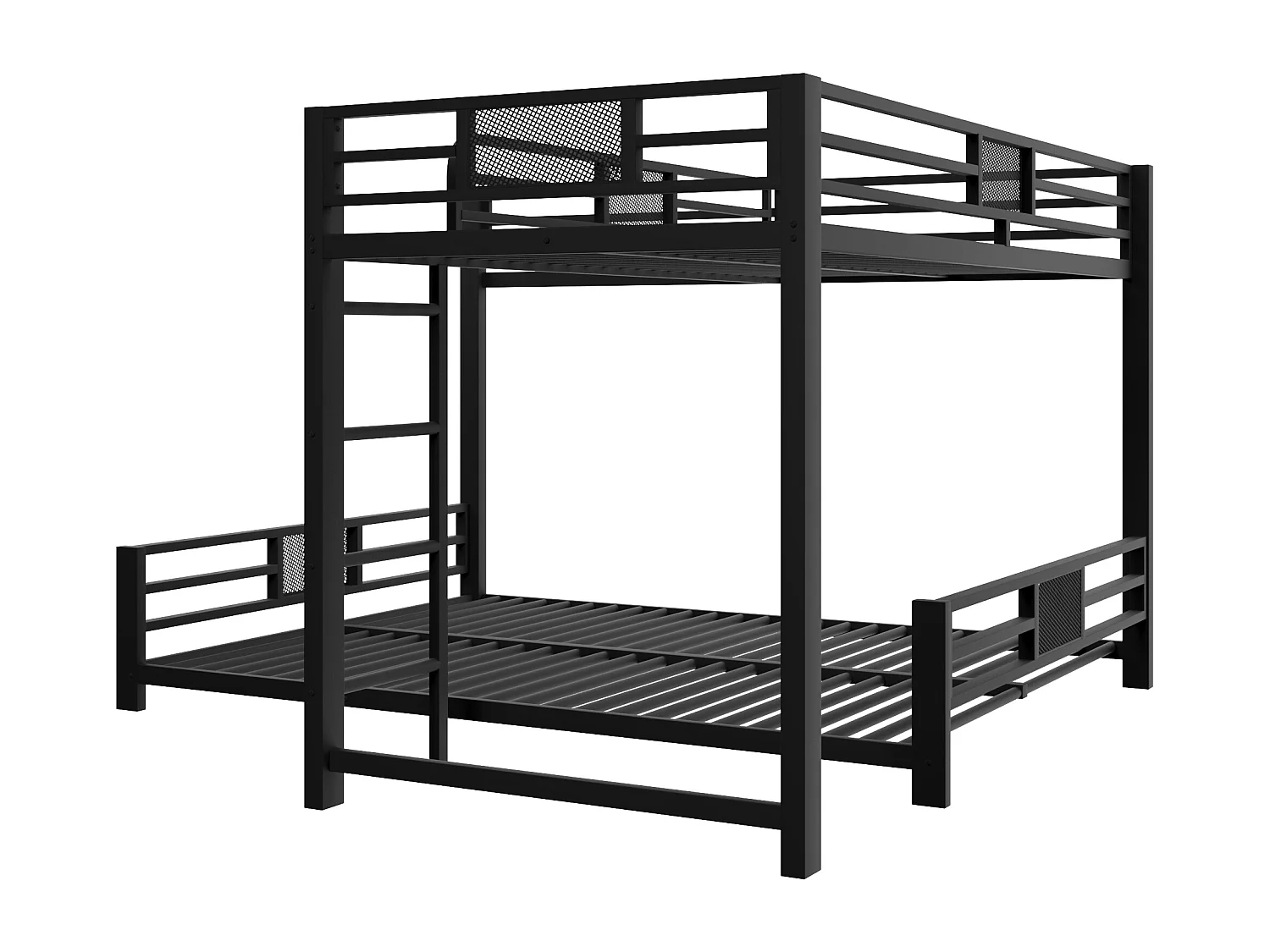 Lit superposé en métal en forme de L - 90x200 cm + 140x200 cm - avec barrières de sécurité et échelle - Métal - Noir (Matelas non inclus)