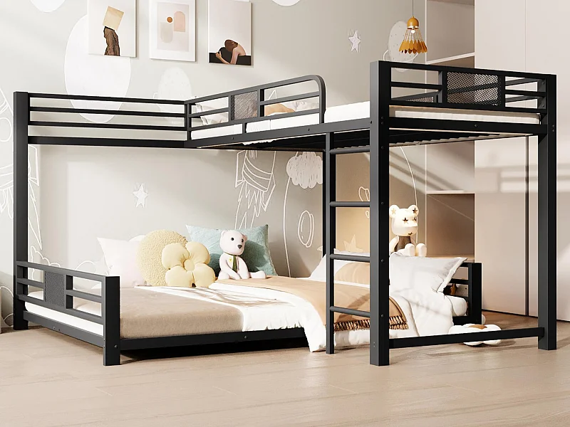 Lit superposé en métal en forme de L - 90x200 cm + 140x200 cm - avec barrières de sécurité et échelle - Métal - Noir (Matelas non inclus)