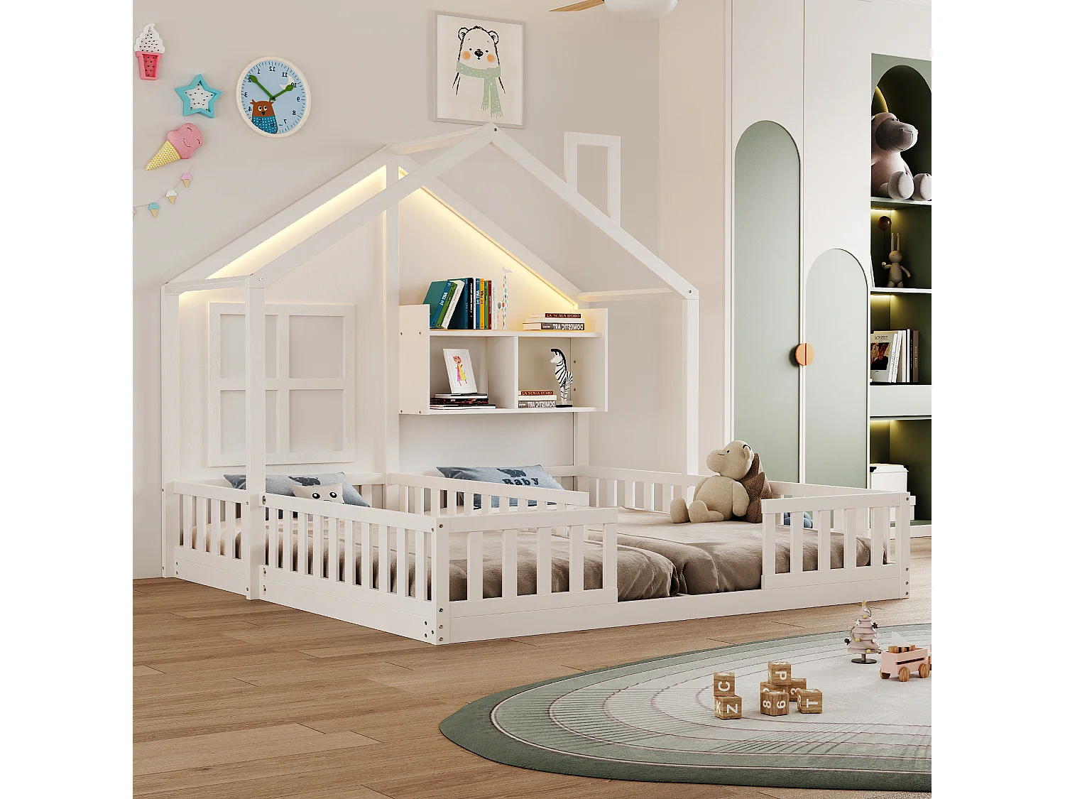 Kinderhuisbed 90 x 200 cm - met LED-verlichting - met veiligheidshekken - met opbergplanken - wit​ (matras niet inbegrepen)