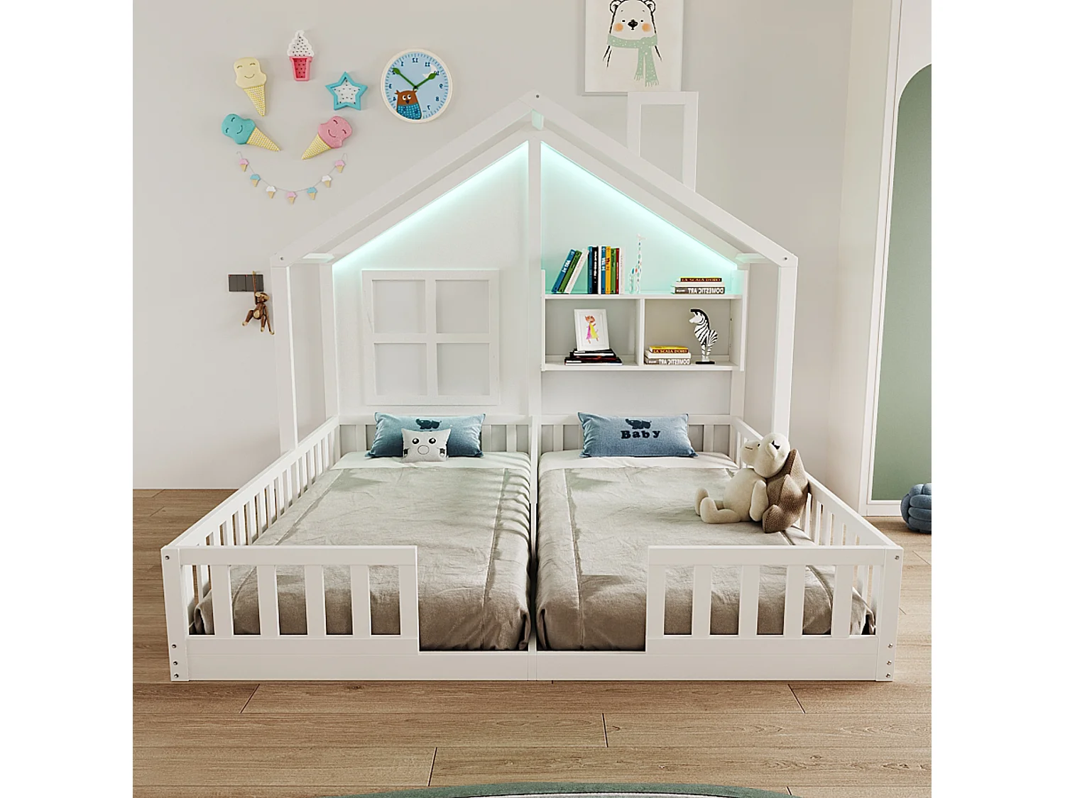 Kinderhuisbed 90 x 200 cm - met LED-verlichting - met veiligheidshekken - met opbergplanken - wit​ (matras niet inbegrepen)
