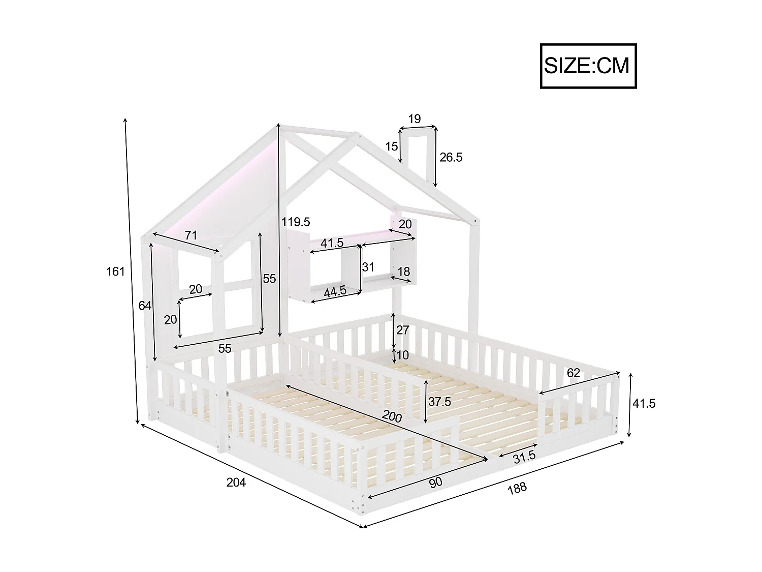 Kinderhuisbed 90 x 200 cm - met LED-verlichting - met veiligheidshekken - met opbergplanken - wit​ (matras niet inbegrepen)