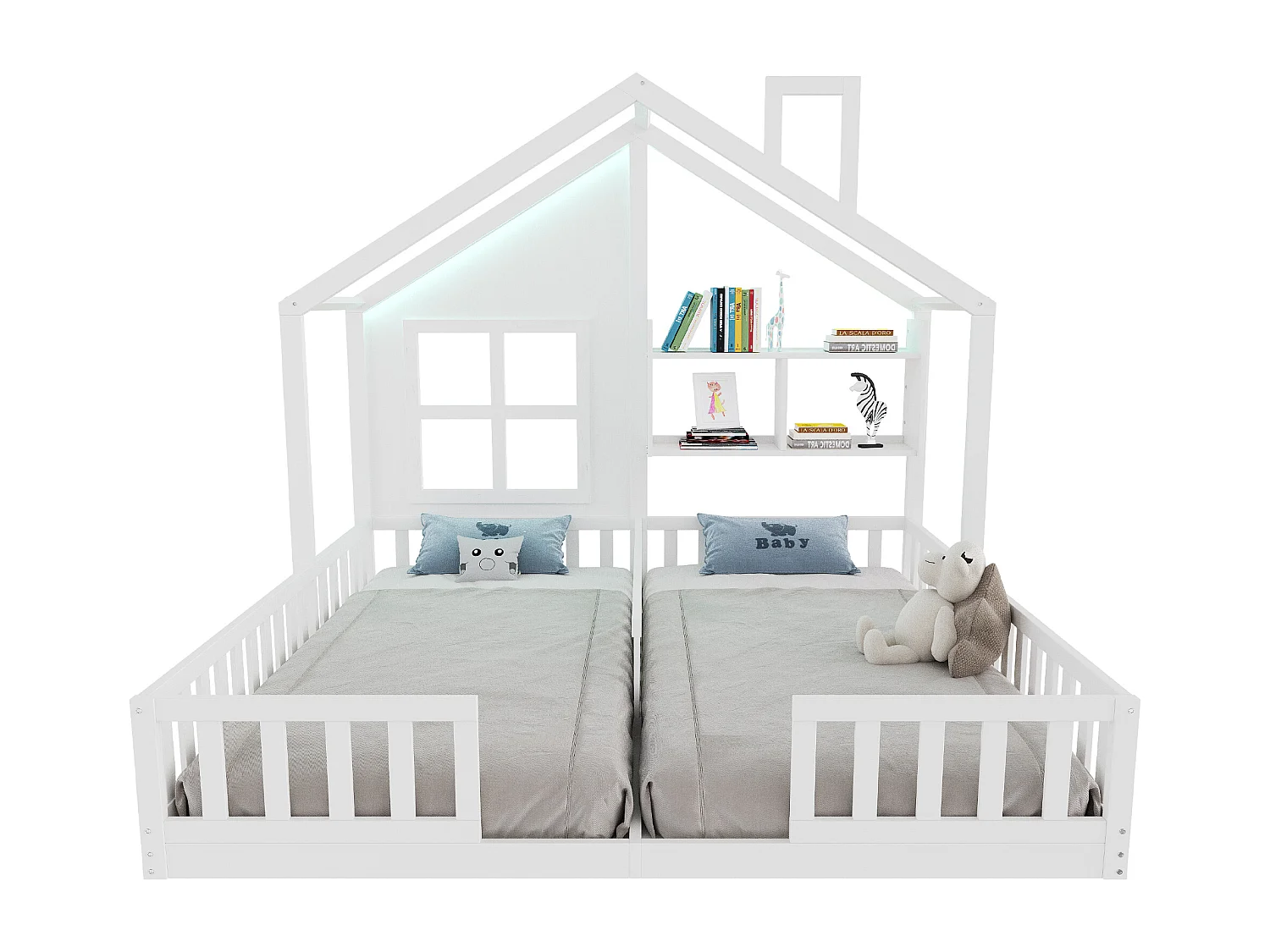 Kinderhuisbed 90 x 200 cm - met LED-verlichting - met veiligheidshekken - met opbergplanken - wit​ (matras niet inbegrepen)