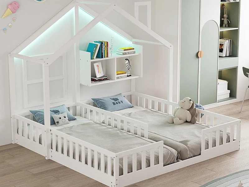 Lit cabane enfant 90 x 200 cm - avec éclairage LED - avec barrières de sécurité - avec étagères de rangement - blanc (matelas non inclus)