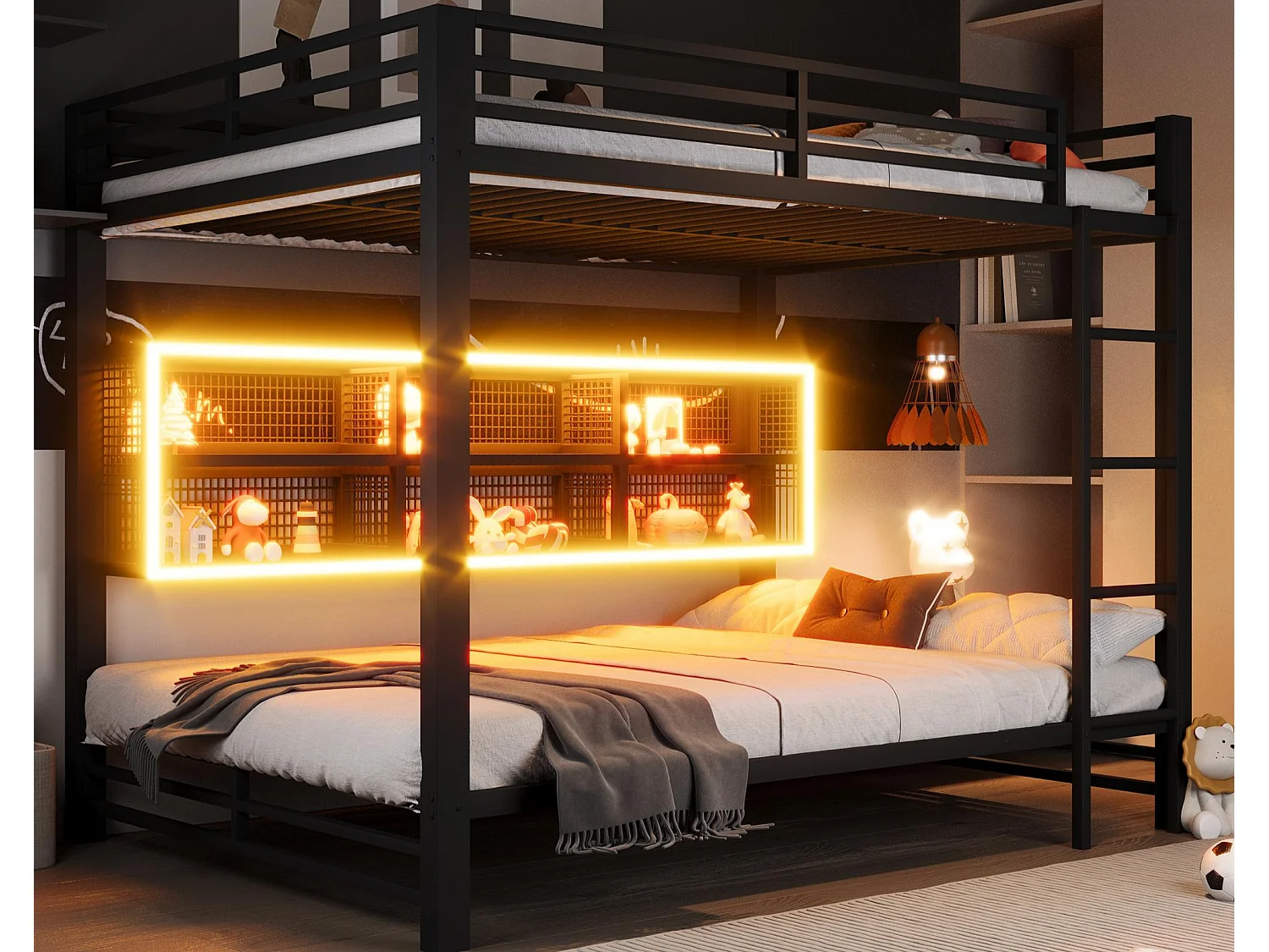 Łóżko piętrowe 140x200 cm - z oświetleniem LED - 6 przegródek do przechowywania - z barierkami bezpieczeństwa - Czarny​ (materac nie jest wliczony w cenę)