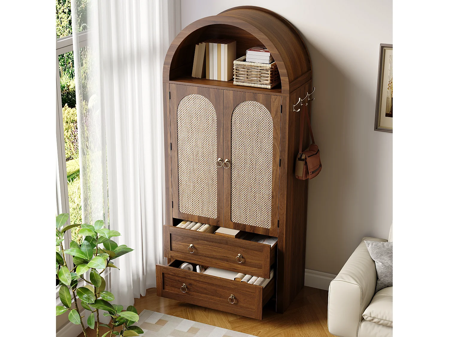 Buffet haute en rotin 80x40x180 cm - 2 tiroirs et 2 portes - Style vintage - avec crochets - Étagères réglables - MDF - Marron