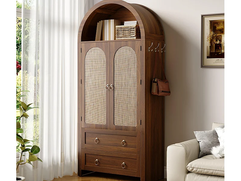 Buffet haute en rotin 80x40x180 cm - 2 tiroirs et 2 portes - Style vintage - avec crochets - Étagères réglables - MDF - Marron