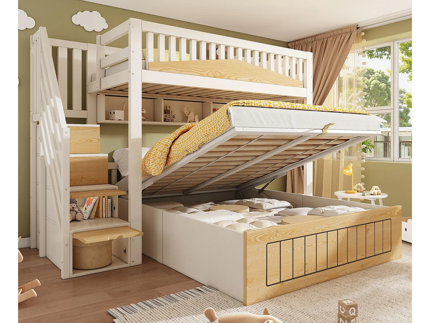 Łóżko piętrowe 90x200cm + 140x200cm - Dolne łóżko z miejscem do przechowywania - drabina z pojemnikami - z portem USB - Biały+Naturalny​ (bez materaca)