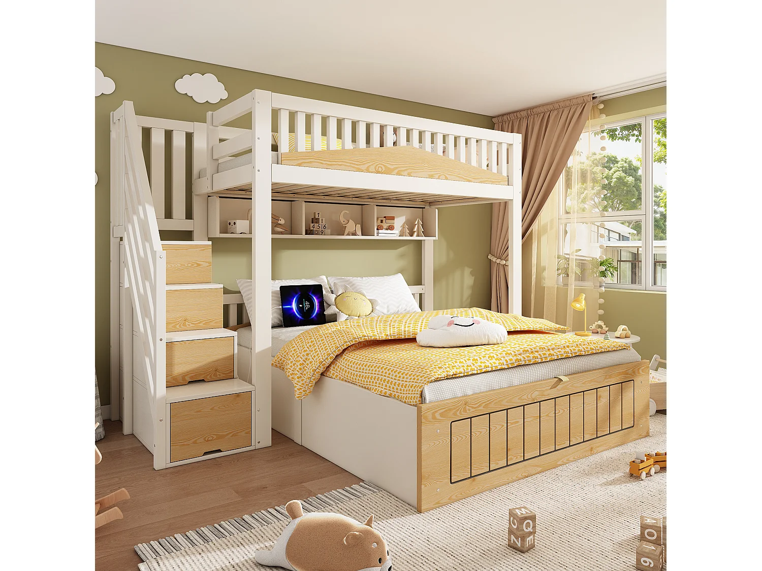 Łóżko piętrowe 90x200cm + 140x200cm - Dolne łóżko z miejscem do przechowywania - drabina z pojemnikami - z portem USB - Biały+Naturalny​ (bez materaca)