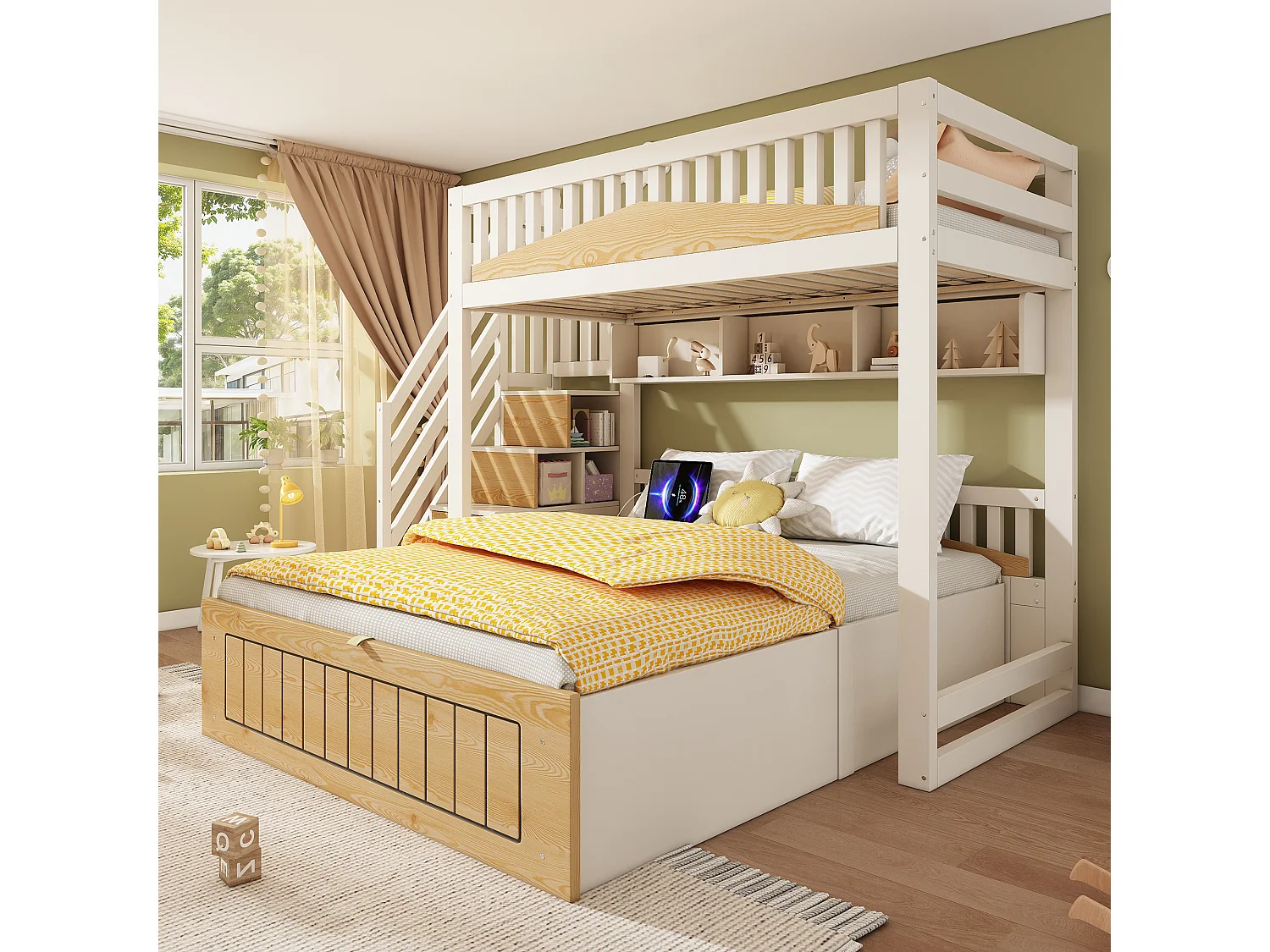 Łóżko piętrowe 90x200cm + 140x200cm - Dolne łóżko z miejscem do przechowywania - drabina z pojemnikami - z portem USB - Biały+Naturalny​ (bez materaca)