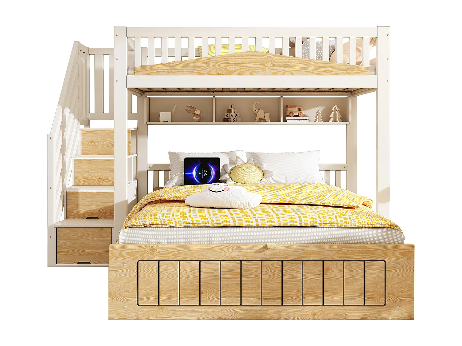 Łóżko piętrowe 90x200cm + 140x200cm - Dolne łóżko z miejscem do przechowywania - drabina z pojemnikami - z portem USB - Biały+Naturalny​ (bez materaca)