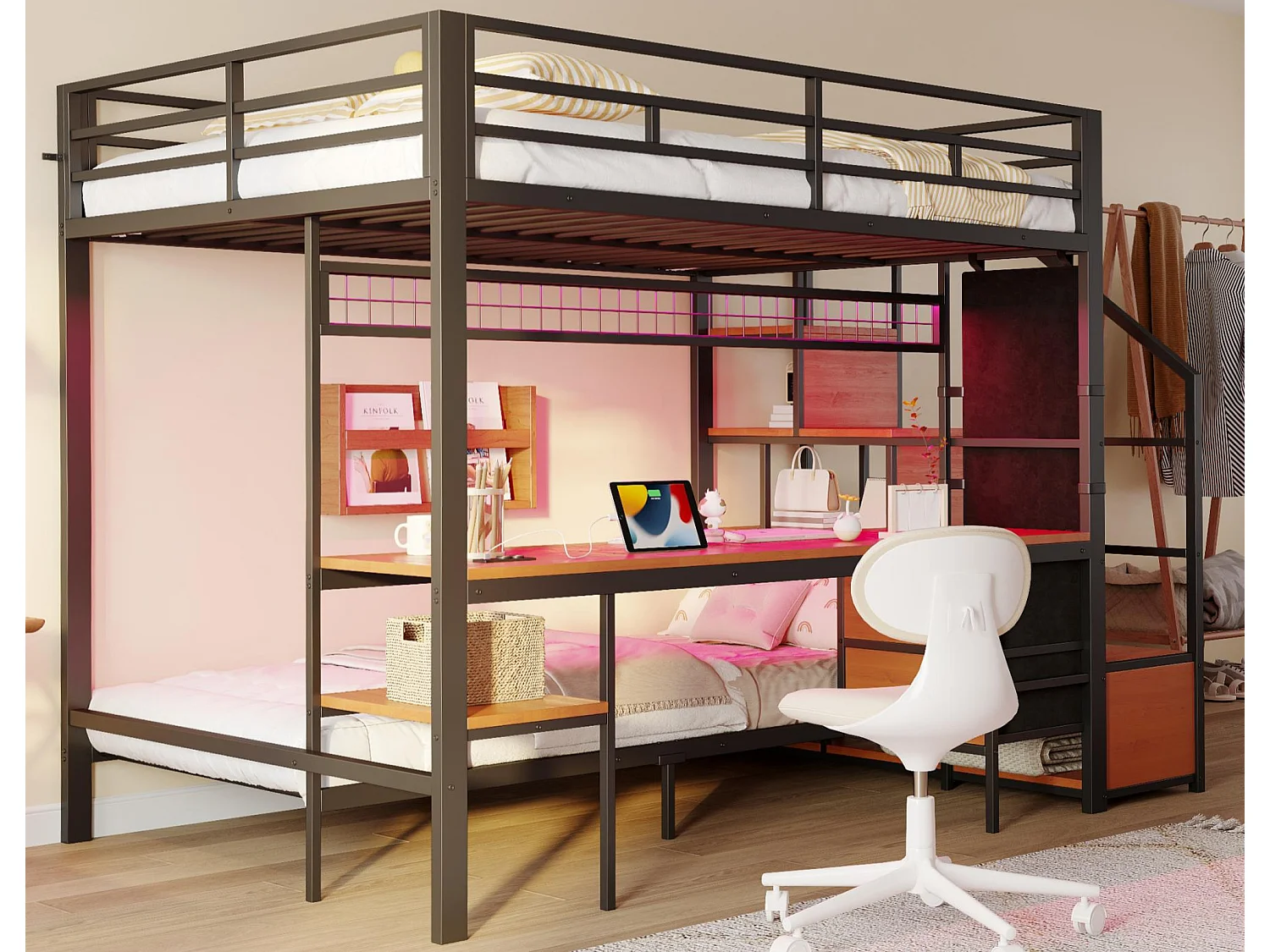 Cama sobreposta de metal 90x200cm + 140x200cm - con escrivaninha - iluminação LED - con tomada - con 2 gavetas - preto​ (colchão não incluído)