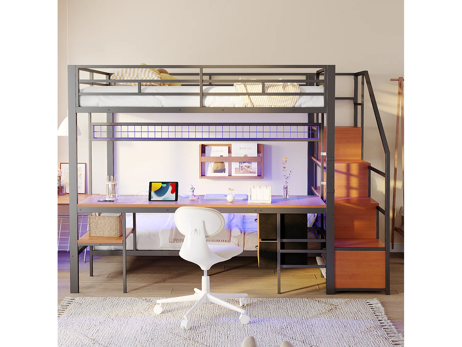 Cama sobreposta de metal 90x200cm + 140x200cm - con escrivaninha - iluminação LED - con tomada - con 2 gavetas - preto​ (colchão não incluído)