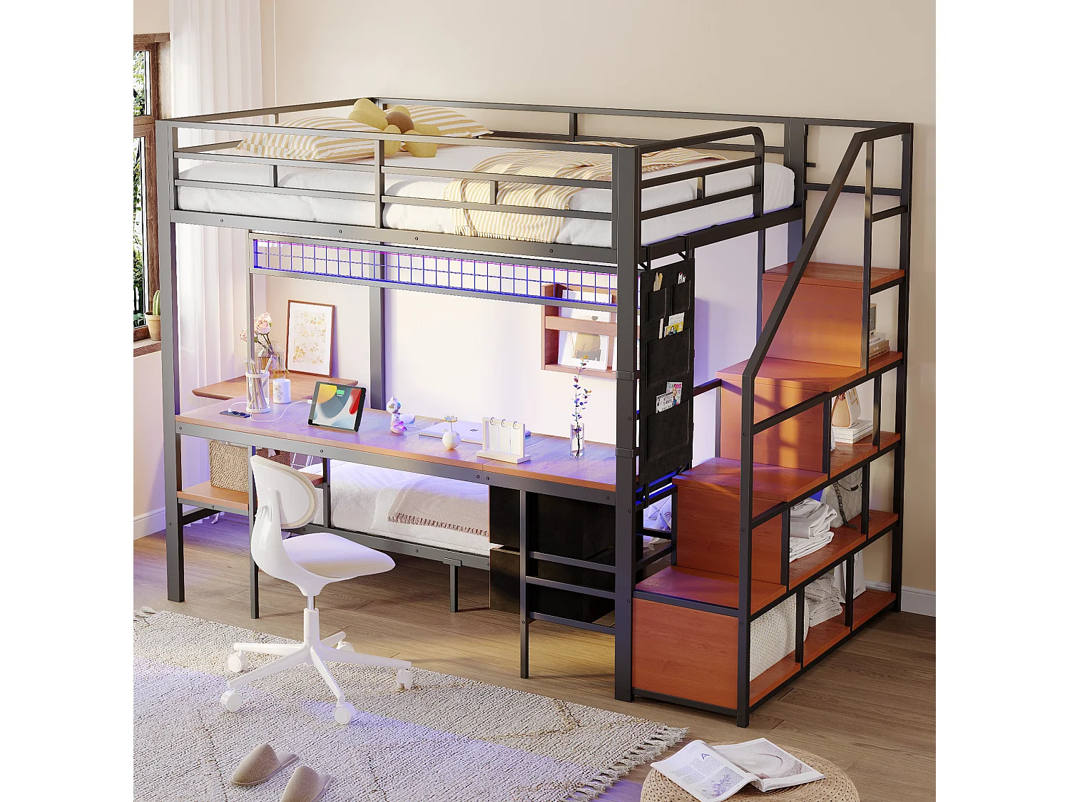 Cama sobreposta de metal 90x200cm + 140x200cm - con escrivaninha - iluminação LED - con tomada - con 2 gavetas - preto​ (colchão não incluído)