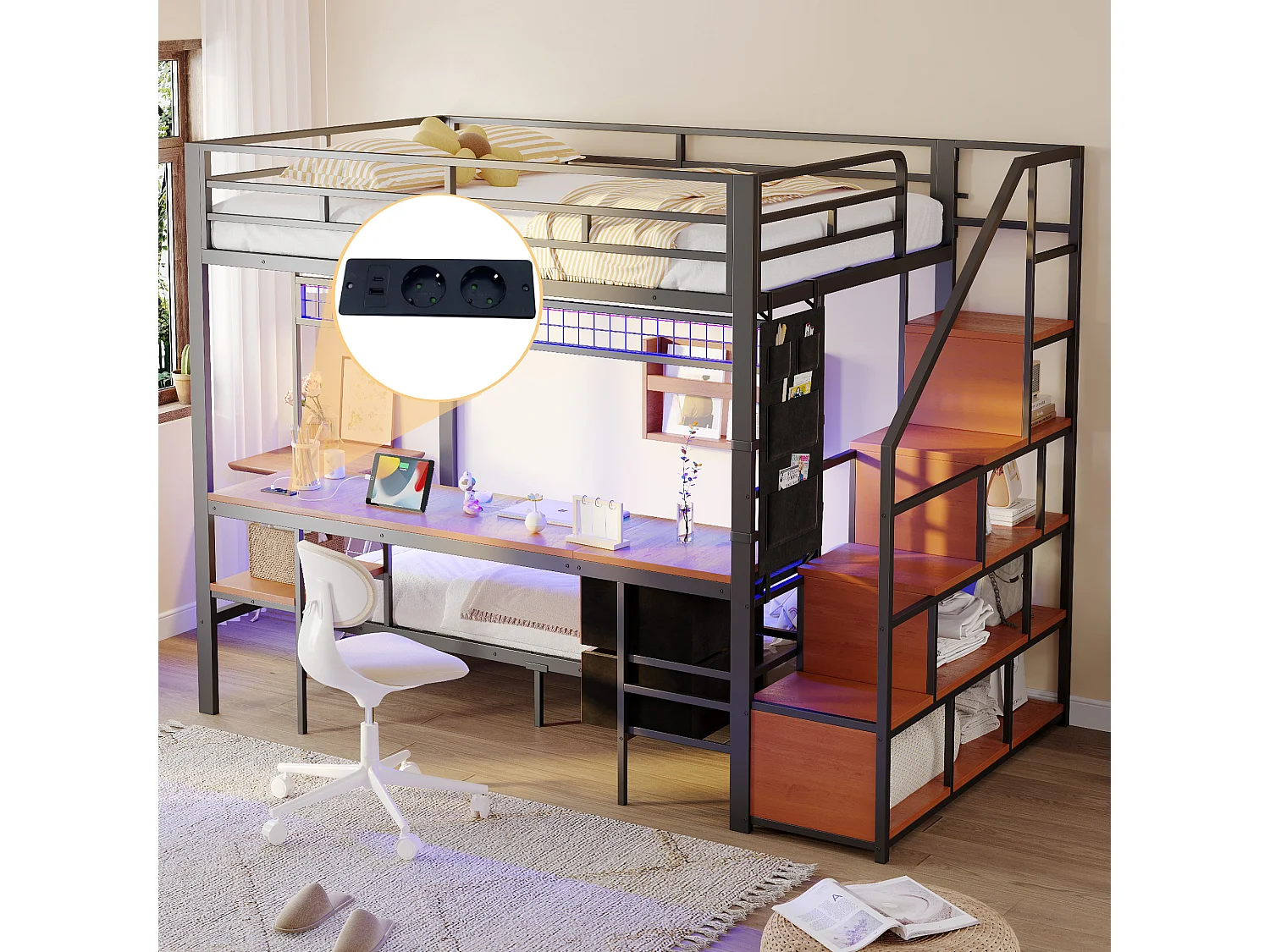 Cama sobreposta de metal 90x200cm + 140x200cm - con escrivaninha - iluminação LED - con tomada - con 2 gavetas - preto​ (colchão não incluído)