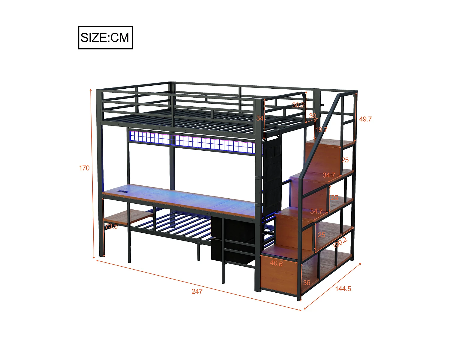 Cama sobreposta de metal 90x200cm + 140x200cm - con escrivaninha - iluminação LED - con tomada - con 2 gavetas - preto​ (colchão não incluído)