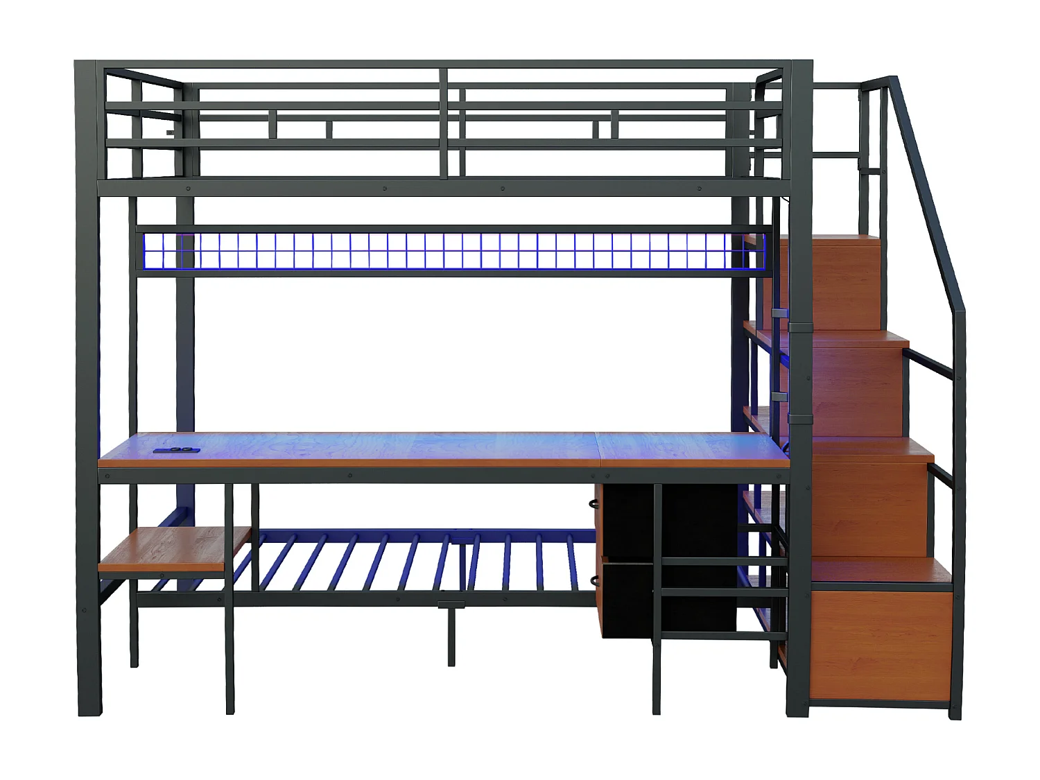 Cama sobreposta de metal 90x200cm + 140x200cm - con escrivaninha - iluminação LED - con tomada - con 2 gavetas - preto​ (colchão não incluído)