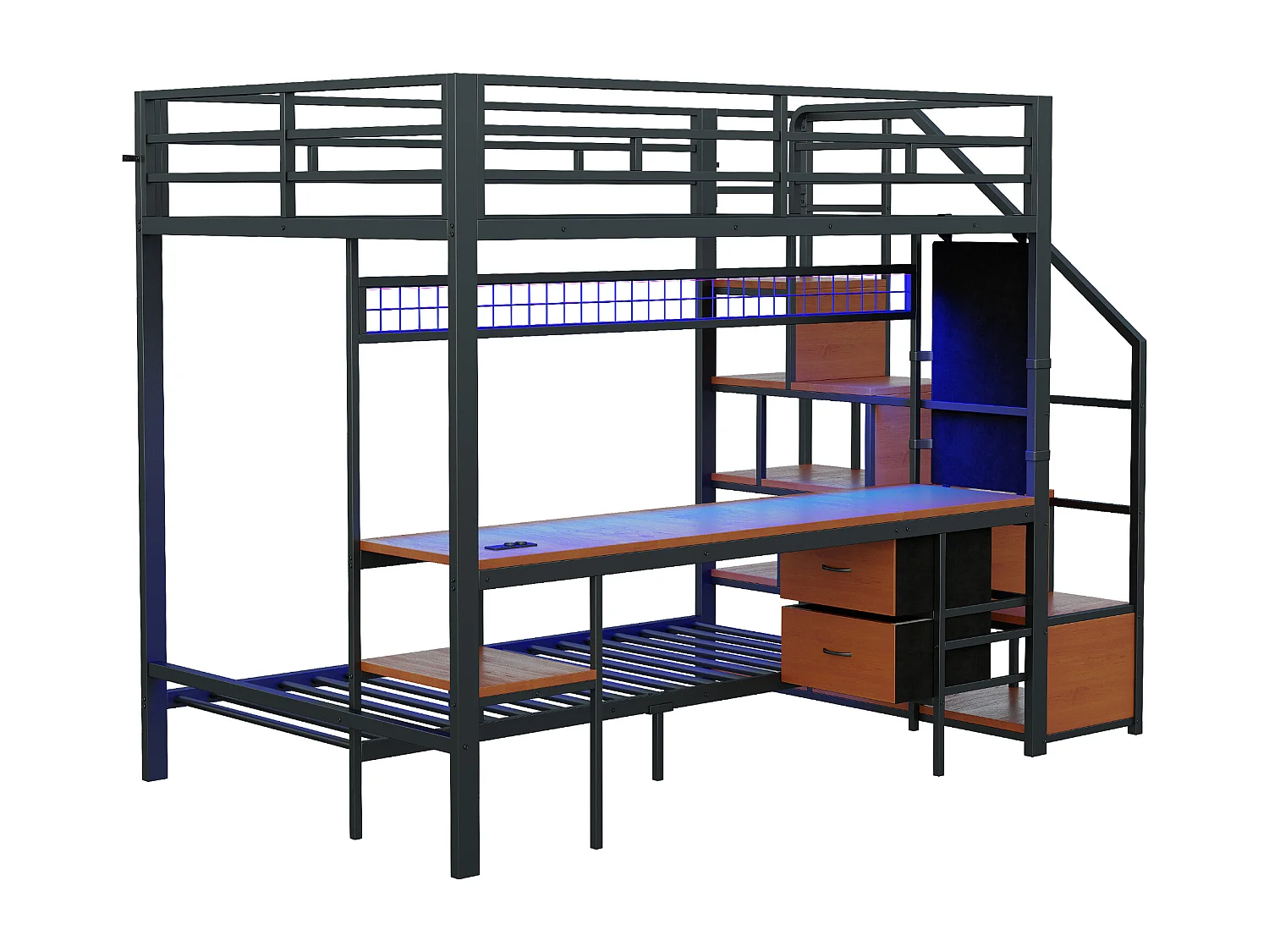 Cama sobreposta de metal 90x200cm + 140x200cm - con escrivaninha - iluminação LED - con tomada - con 2 gavetas - preto​ (colchão não incluído)