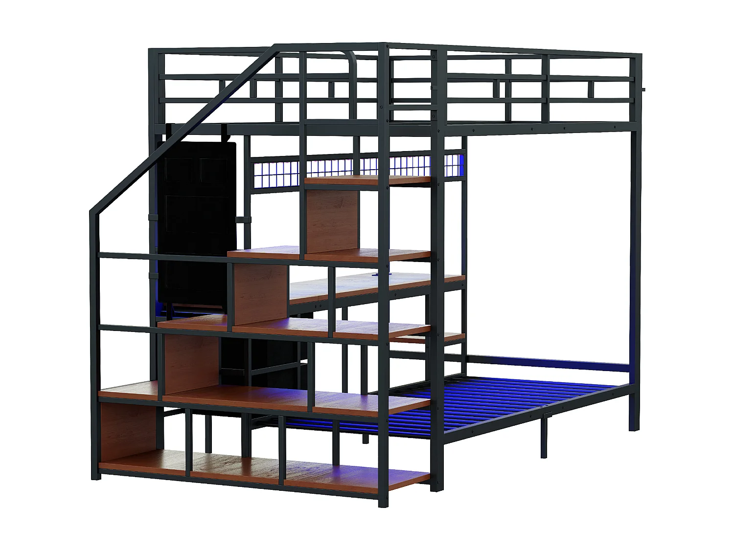 Cama sobreposta de metal 90x200cm + 140x200cm - con escrivaninha - iluminação LED - con tomada - con 2 gavetas - preto​ (colchão não incluído)