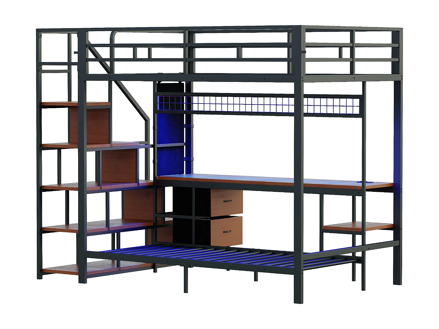 Cama sobreposta de metal 90x200cm + 140x200cm - con escrivaninha - iluminação LED - con tomada - con 2 gavetas - preto​ (colchão não incluído)