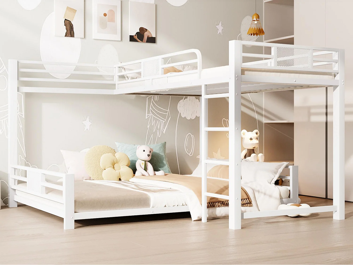 Lit superposé en métal en forme de L - 90x200 cm + 140x200 cm - avec barrières de sécurité et échelle - Métal - Blanc (Matelas non inclus)