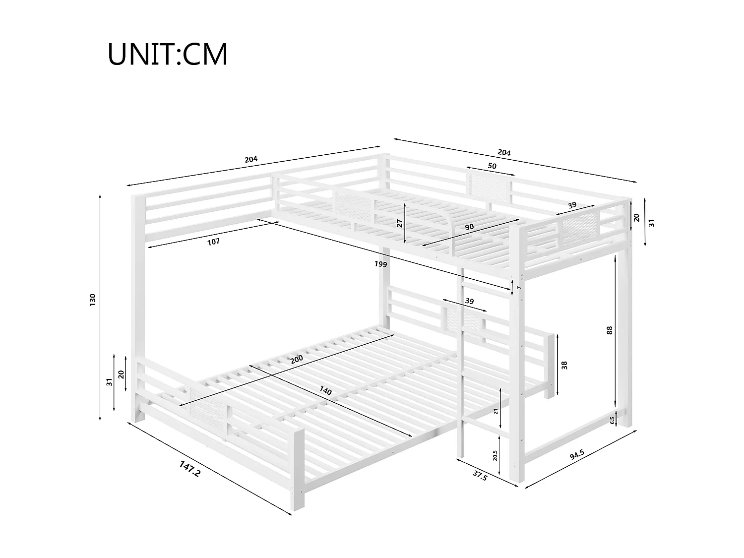 Lit superposé en métal en forme de L - 90x200 cm + 140x200 cm - avec barrières de sécurité et échelle - Métal - Blanc (Matelas non inclus)