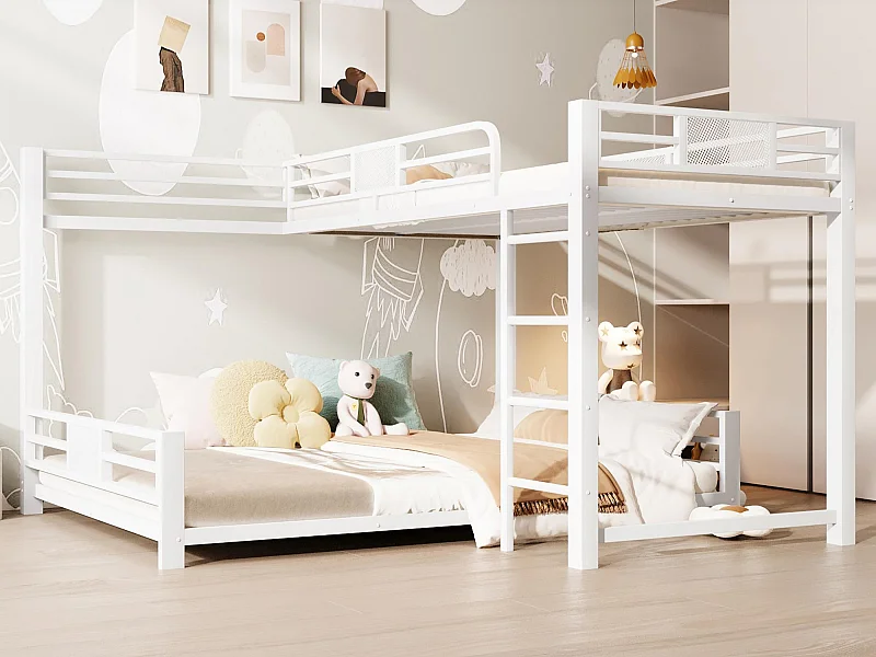 Lit superposé en métal en forme de L - 90x200 cm + 140x200 cm - avec barrières de sécurité et échelle - Métal - Blanc (Matelas non inclus)