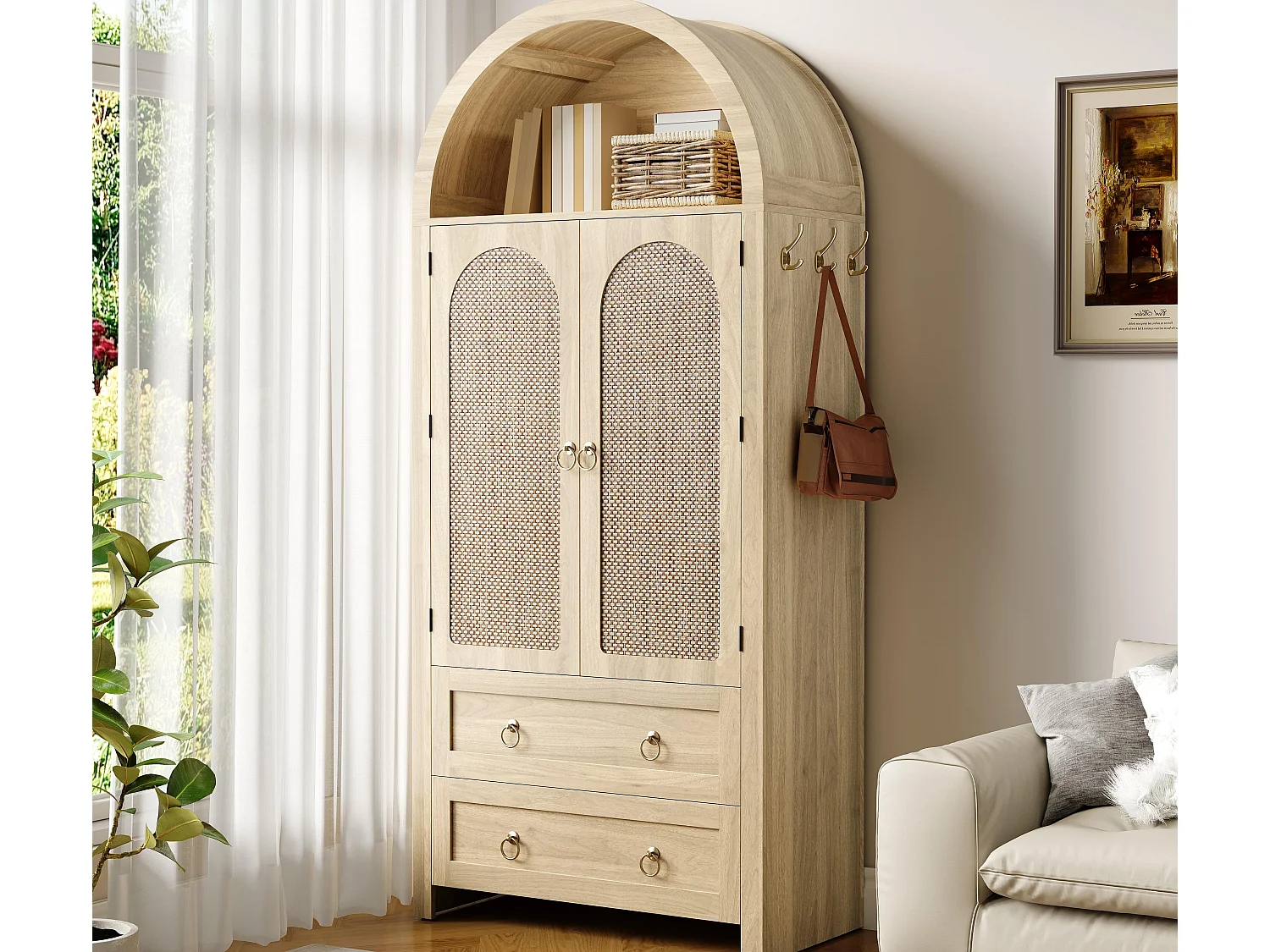 Buffet haute en rotin 80x40x180 cm - 2 tiroirs et 2 portes - Style vintage - avec crochets - Étagères réglables - MDF - Naturel