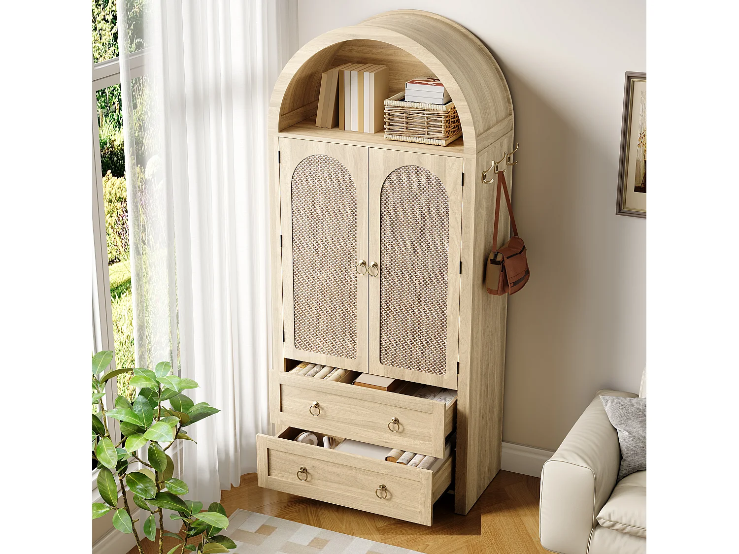 Buffet haute en rotin 80x40x180 cm - 2 tiroirs et 2 portes - Style vintage - avec crochets - Étagères réglables - MDF - Naturel