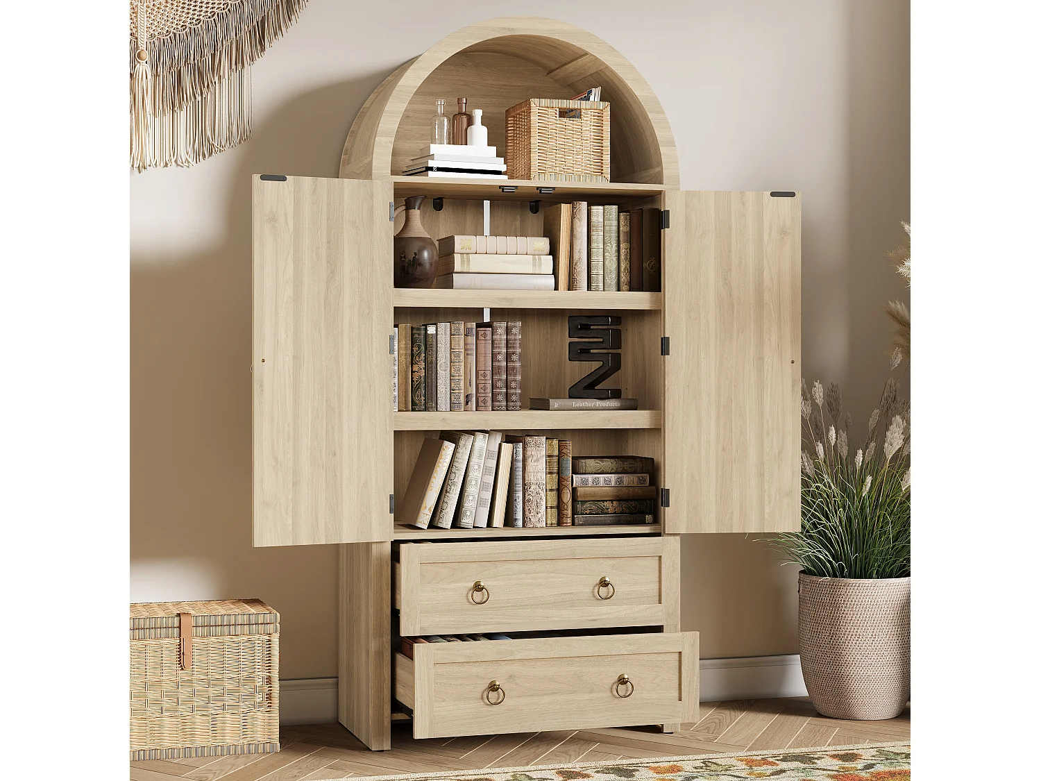 Buffet haute en rotin 80x40x180 cm - 2 tiroirs et 2 portes - Style vintage - avec crochets - Étagères réglables - MDF - Naturel