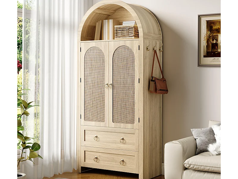 Buffet haute en rotin 80x40x180 cm - 2 tiroirs et 2 portes - Style vintage - avec crochets - Étagères réglables - MDF - Naturel