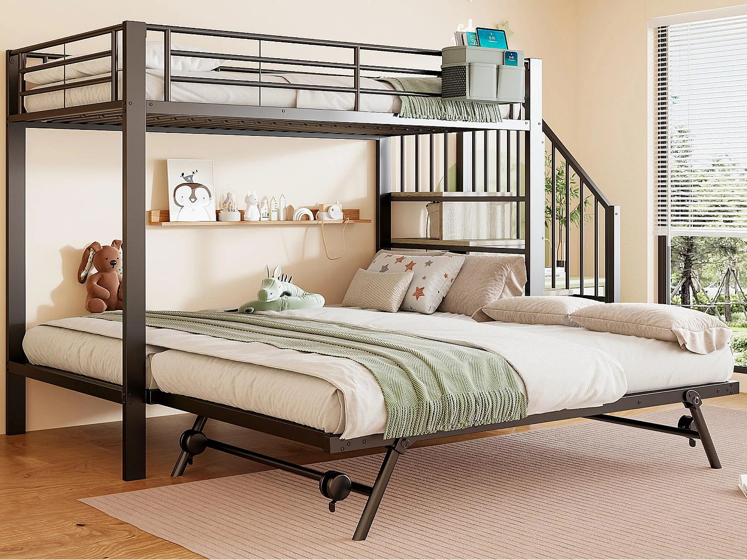 Etagenbett 90x200 + 180x200 cm - Nestbett - Aufbewahrungsbeutel - Sicherheitsleiter - Schwarz​ (Matratze nicht inbegriffen)