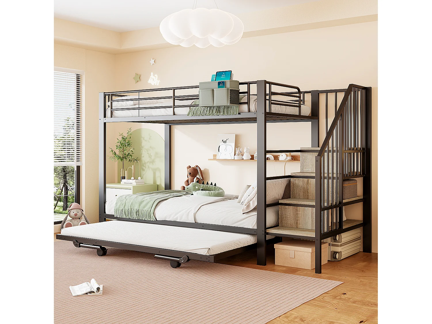 Etagenbett 90x200 + 180x200 cm - Nestbett - Aufbewahrungsbeutel - Sicherheitsleiter - Schwarz​ (Matratze nicht inbegriffen)